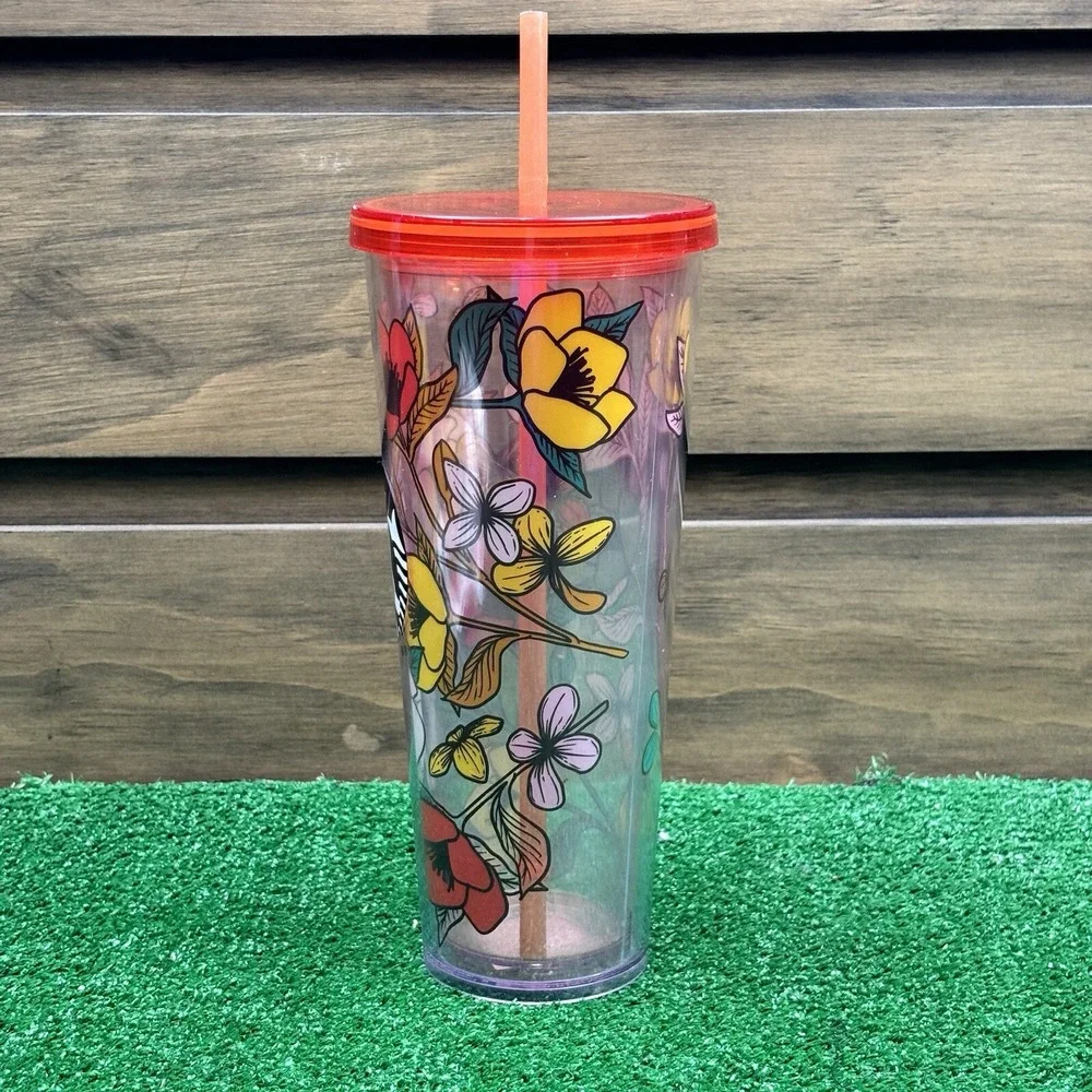 RARE Starbucks 24oz POPPY Flowers Acrylic Cold Drink Cup Tumbler‎ Red Yellow